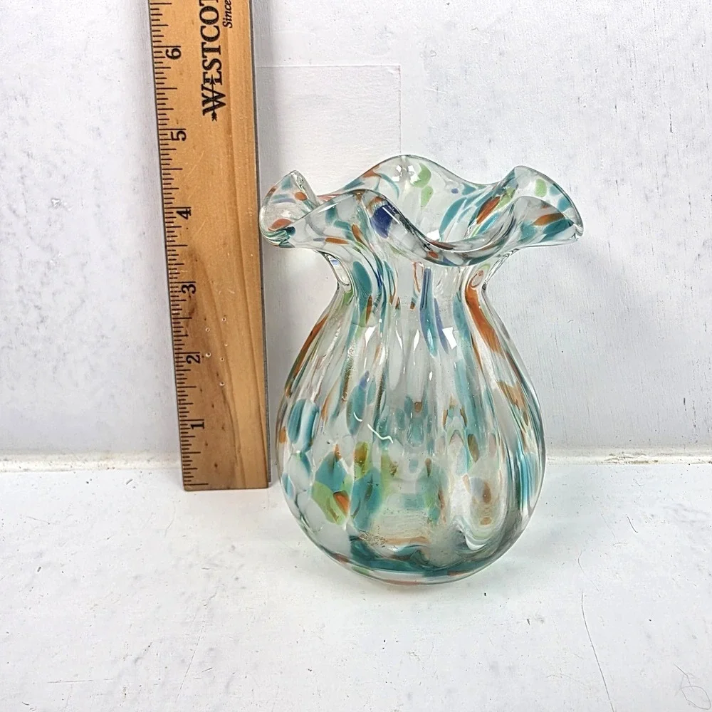 Vintage Hand Blown Murano Style Confetti Ruffled‎ Fluted Vase 4.5